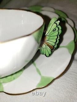 Rare Deco Aynsley Butterfly Handle Trio Tea Cup Saucer & Plate Green