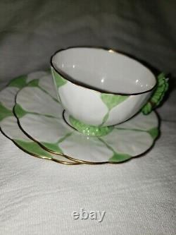 Rare Deco Aynsley Butterfly Handle Trio Tea Cup Saucer & Plate Green