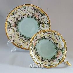 Rare PARAGON Tea Cup & Saucer Rose Garland Light Mint Green Heavy Gold England