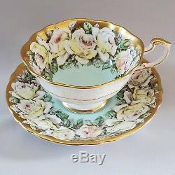 Rare PARAGON Tea Cup & Saucer Rose Garland Light Mint Green Heavy Gold England