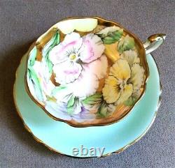 Rare Paragon Heavy Gold Green Teacup & Saucer Floating Three Pansy Flowers