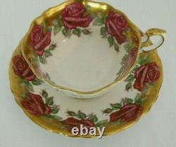 Rare Paragon Pink Red Cabbage Rose Gilded Gold Footed Cup & Saucer