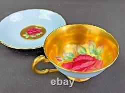 Rare Paragon Teacup And Saucer Floating Cabbage Rose, Blue With Heavy Gold Gilt