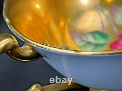 Rare Paragon Teacup And Saucer Floating Cabbage Rose, Blue With Heavy Gold Gilt