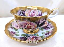 Rare Royal Albert Summer Bounty Amethyst Cabbage Rose Heavy Gold Teacup & Saucer