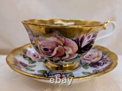 Rare Royal Albert Summer Bounty Amethyst Cabbage Rose Heavy Gold Teacup & Saucer