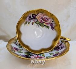 Rare Royal Albert Summer Bounty Amethyst Cabbage Rose Heavy Gold Teacup & Saucer