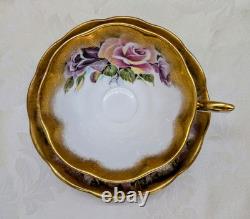 Rare Royal Albert Summer Bounty Amethyst Cabbage Rose Heavy Gold Teacup & Saucer