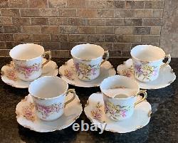 Rare Set Of 5 ANTIQUE Wheelock China Germany Ornate Teacups & Saucers Floral
