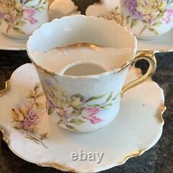 Rare Set Of 5 ANTIQUE Wheelock China Germany Ornate Teacups & Saucers Floral