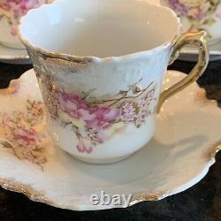 Rare Set Of 5 ANTIQUE Wheelock China Germany Ornate Teacups & Saucers Floral