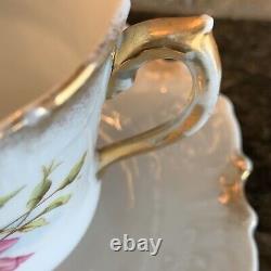 Rare Set Of 5 ANTIQUE Wheelock China Germany Ornate Teacups & Saucers Floral