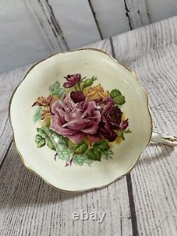 Rare Vintage Antique Cream Paragon Teacup Large Pink Cabbage Roses Cup & Saucer