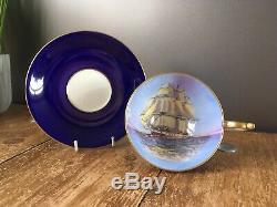 Rare Vintage Blue Aynsley Tea Cup & Saucer Clipper / Sailing Tall Ship C1234