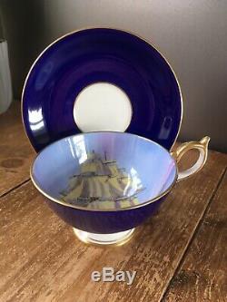 Rare Vintage Blue Aynsley Tea Cup & Saucer Clipper / Sailing Tall Ship C1234