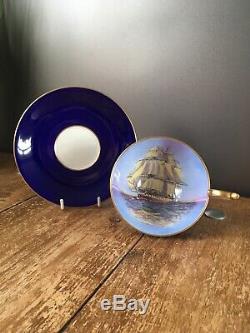 Rare Vintage Blue Aynsley Tea Cup & Saucer Clipper / Sailing Tall Ship C1234