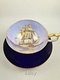 Rare Vintage Dark Blue Aynsley Tea Cup & Saucer Clipper / Sailing Tall Ship Duo