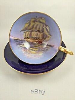 Rare Vintage Dark Blue Aynsley Tea Cup & Saucer Clipper / Sailing Tall Ship Duo