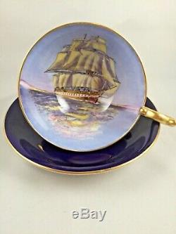 Rare Vintage Dark Blue Aynsley Tea Cup & Saucer Clipper / Sailing Tall Ship Duo