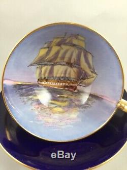 Rare Vintage Dark Blue Aynsley Tea Cup & Saucer Clipper / Sailing Tall Ship Duo