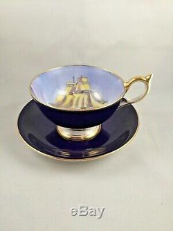 Rare Vintage Dark Blue Aynsley Tea Cup & Saucer Clipper / Sailing Tall Ship Duo