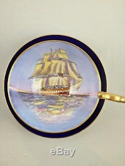 Rare Vintage Dark Blue Aynsley Tea Cup & Saucer Clipper / Sailing Tall Ship Duo