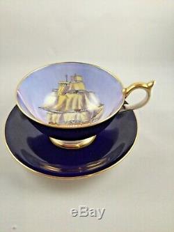 Rare Vintage Dark Blue Aynsley Tea Cup & Saucer Clipper / Sailing Tall Ship Duo