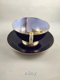 Rare Vintage Dark Blue Aynsley Tea Cup & Saucer Clipper / Sailing Tall Ship Duo