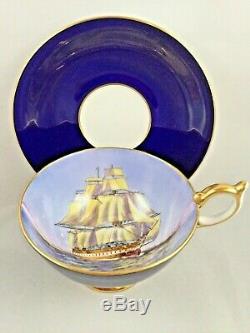 Rare Vintage Dark Blue Aynsley Tea Cup & Saucer Clipper / Sailing Tall Ship Duo