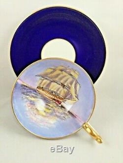 Rare Vintage Dark Blue Aynsley Tea Cup & Saucer Clipper / Sailing Tall Ship Duo