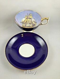 Rare Vintage Dark Blue Aynsley Tea Cup & Saucer Clipper / Sailing Tall Ship Duo