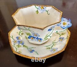 Rare Vintage Hand Painted Melba Floral Octagonal Cup & Saucer Set Flower Handle