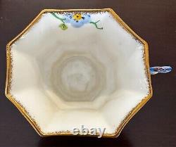 Rare Vintage Hand Painted Melba Floral Octagonal Cup & Saucer Set Flower Handle