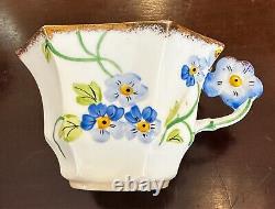 Rare Vintage Hand Painted Melba Floral Octagonal Cup & Saucer Set Flower Handle