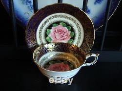 Rare Vintage Paragon 1950's Cobalt Tea Cup & Saucer with Huge Pink Rose & Gold