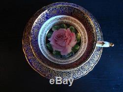 Rare Vintage Paragon 1950's Cobalt Tea Cup & Saucer with Huge Pink Rose & Gold