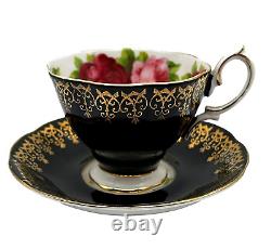 Rare Vintage Royal Albert Black Gold Filigree Pink Roses Teacup & Saucer Set