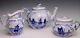 Rauenstein 19th Century German Blue White Ships Delft Tea Pot Sugar Bowl Creamer