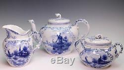 Rauenstein 19th Century German Blue White Ships Delft Tea Pot Sugar Bowl Creamer