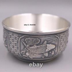 Real 999 Fine Silver Chinese Tea Cup 1.30inch H Fish Pattern Insulated Cup