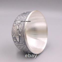 Real 999 Fine Silver Chinese Tea Cup 1.30inch H Fish Pattern Insulated Cup