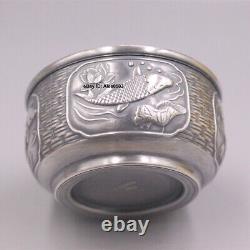 Real 999 Fine Silver Chinese Tea Cup 1.30inch H Fish Pattern Insulated Cup