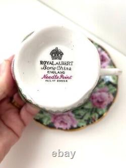 Royal Albert Tea Cup & Saucer Green Needle Point Footed Size 5.5x6 Set Of Six