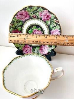 Royal Albert Tea Cup & Saucer Green Needle Point Footed Size 5.5x6 Set Of Six