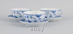 Royal Copenhagen, Blue Fluted half lace. 3 pairs of large teacups with saucers
