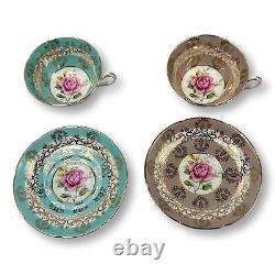 Royal Graffton Teacup & Saucer Cabbage Rose pattern Lot 2 Teal and Browns MCM