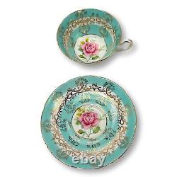 Royal Graffton Teacup & Saucer Cabbage Rose pattern Lot 2 Teal and Browns MCM