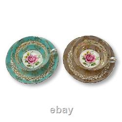 Royal Graffton Teacup & Saucer Cabbage Rose pattern Lot 2 Teal and Browns MCM