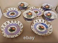 Royal Halsey Purple Luster Iridescent Teacups & Saucers withGold Trim