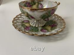 Royal Sealy Vintage China Tea Cup and Saucer Set Japan Hand painted Fruit Flower